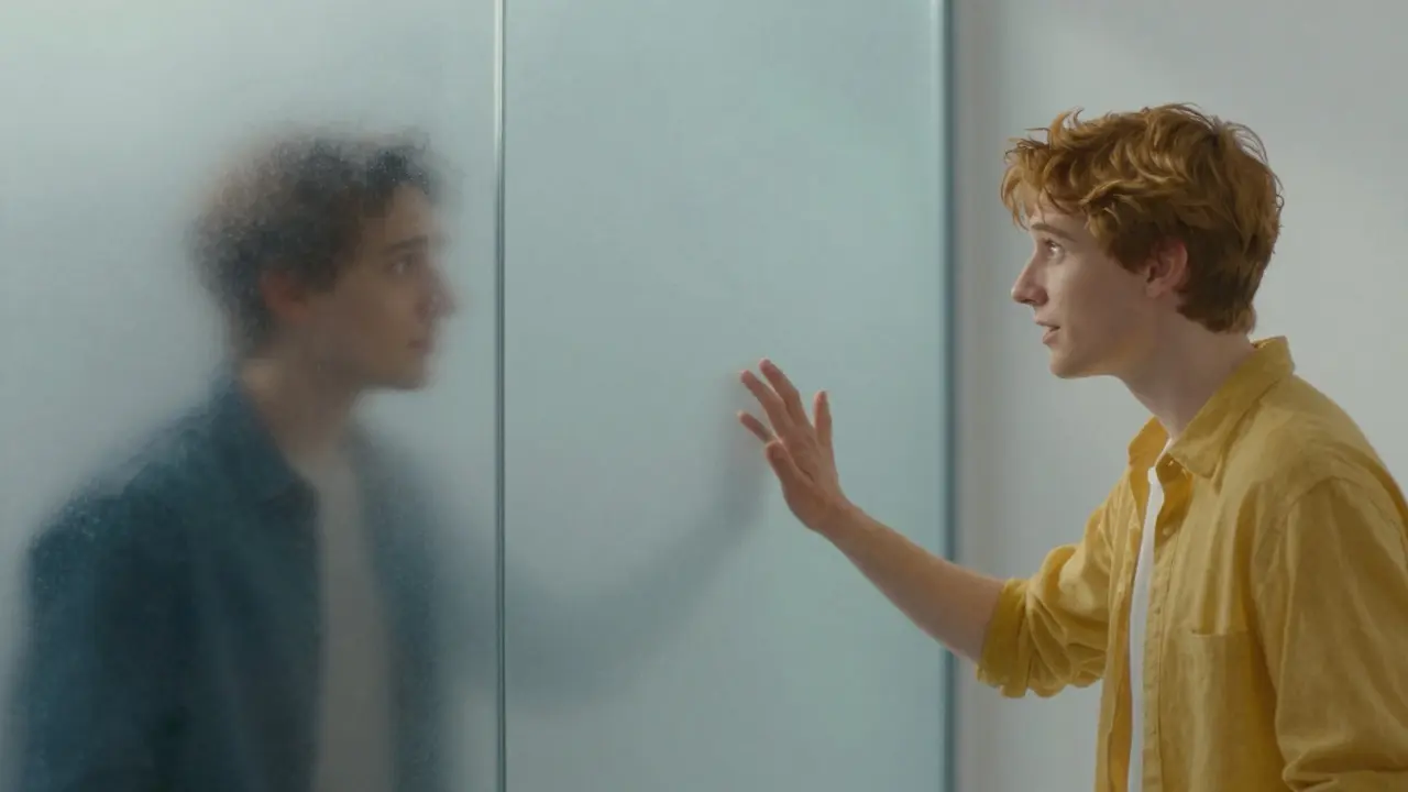 Konceptuální obraz neviditelné zdi oddělující dva lidi v komunikaci.