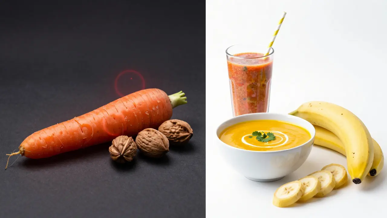 Konceptuální srovnání tvrdých potravin s bezpečnou alternativou, jako je smoothie a polévka.