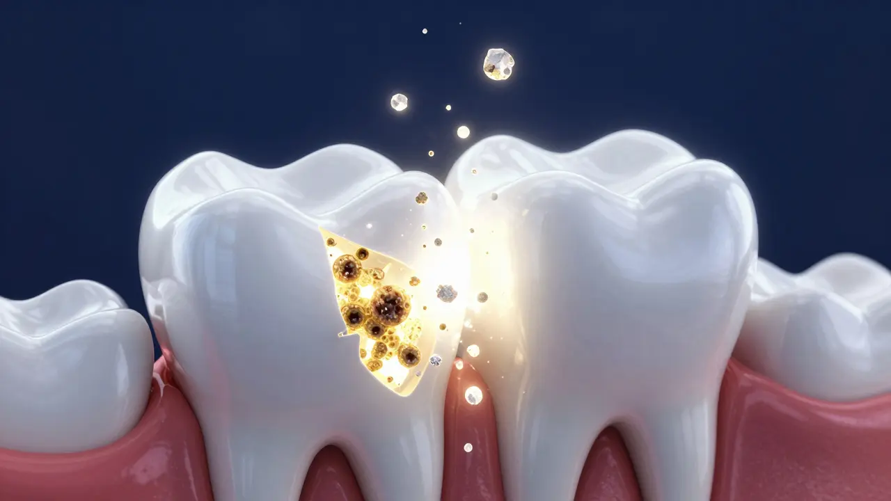 Konceptuální znázornení peroxidu pronikajícího do zubní skloviny.