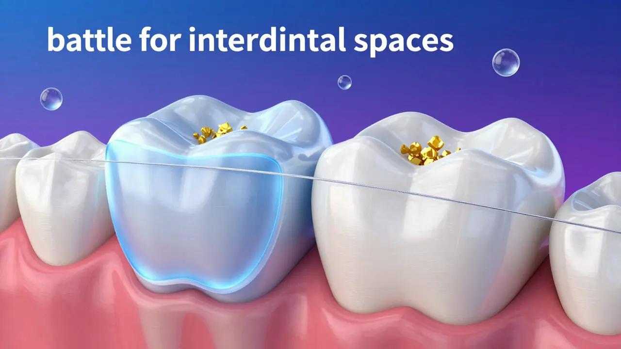 Konceptuální zobrazení čištění mezizubních prostor dentální nití.