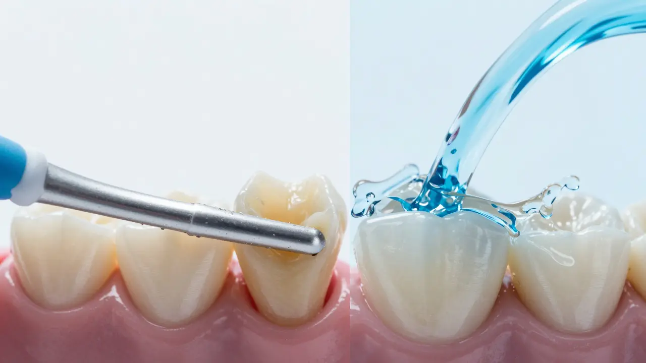 Konceptuální zobrazení čištění mezizubním kartáčkem a následného pláchnutí ústní vodou.