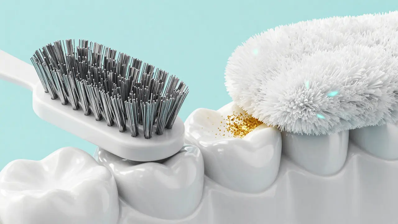 Konceptuální zobrazení jemného odstraňování plaku z povrchu zuba.