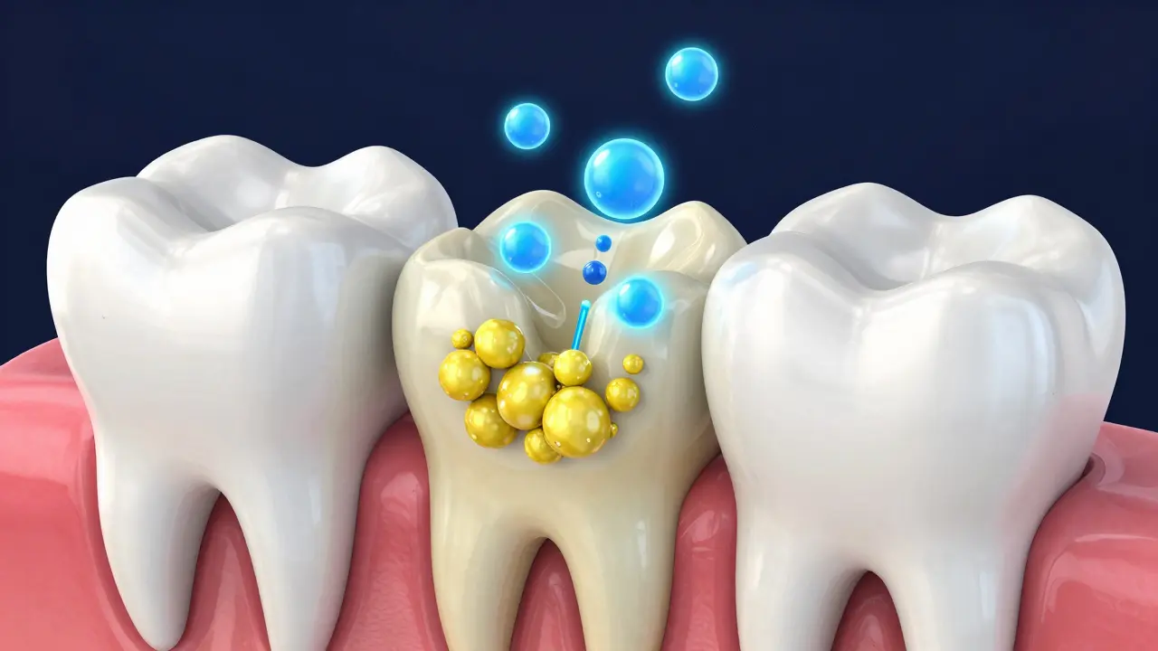 Kresba průřezu zubu znázornující chemický proces odstraňování pigmentů z dentinu.