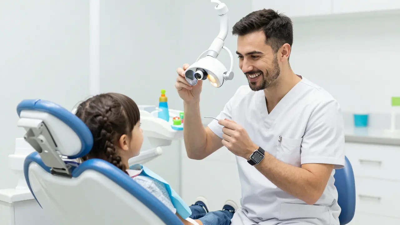 Kreslicí lékař v dětské ordinaci ukazuje dítěti, jak funguje lampa.