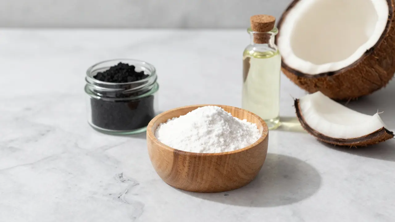 Přírodní ingredience pro bělení zubů: jedlá soda, aktivní uhlí a kokosový olej.