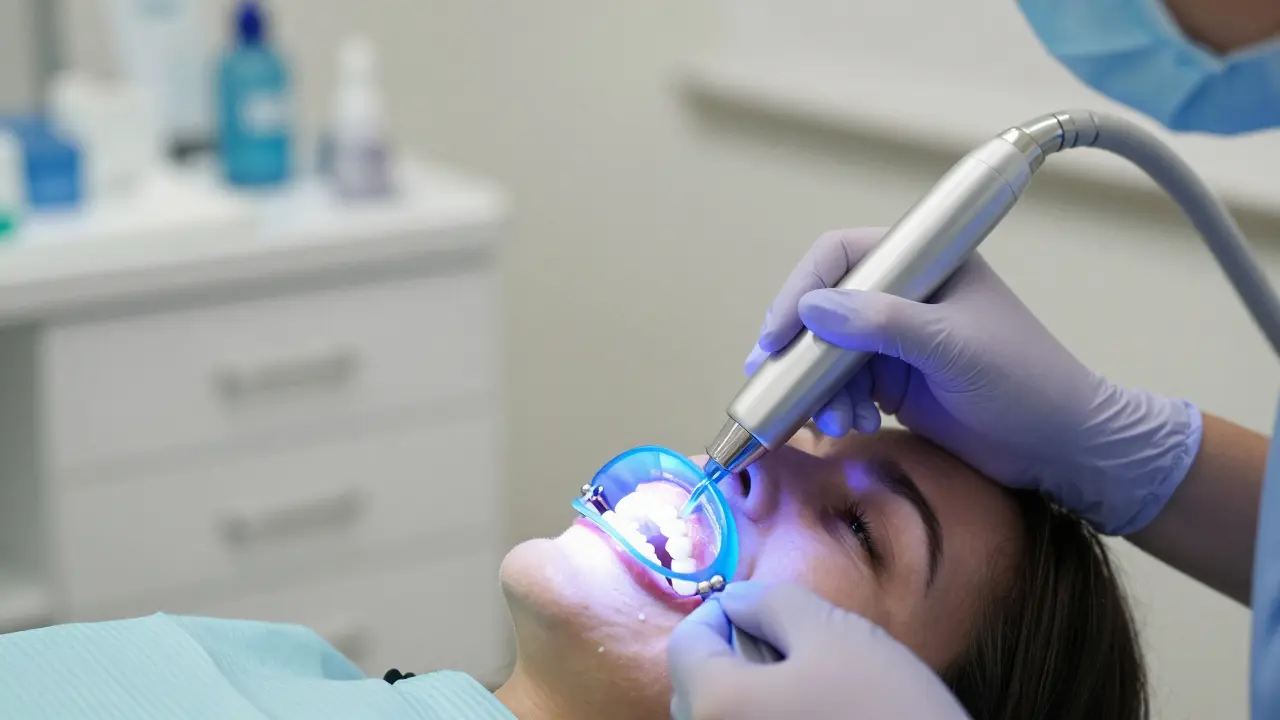 Profesionální bělení zubů v ordinaci s použitím modrého LED světla a ochranné bariéry.