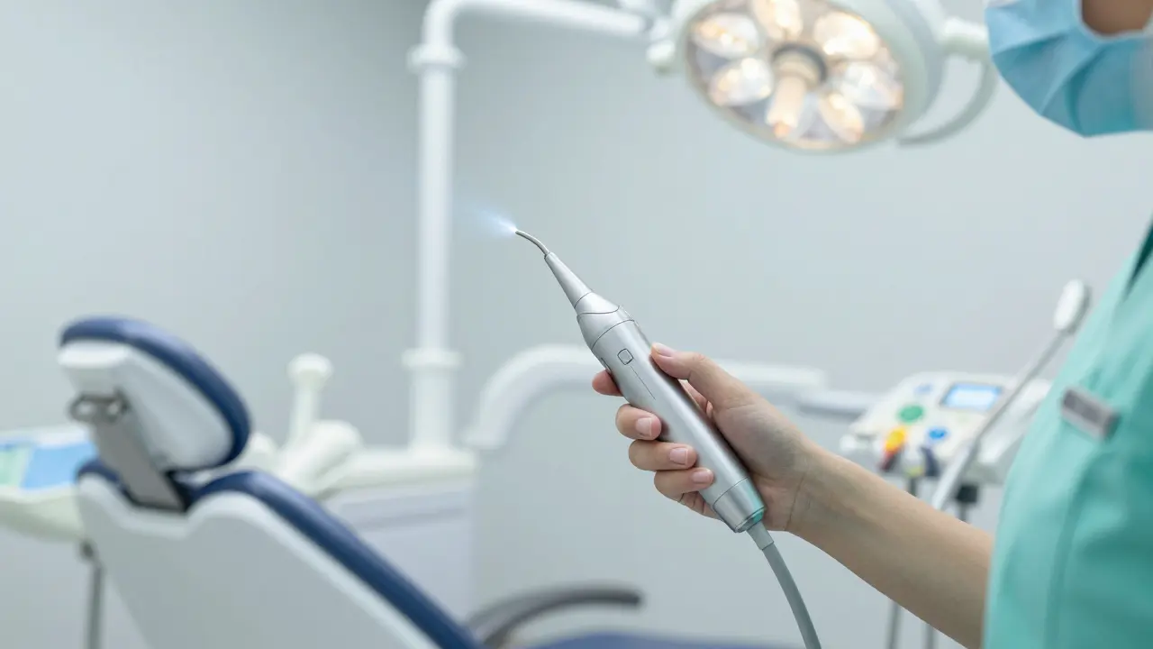 Profesionální nástroje pro ultrazvukové odstranění zubního kamene v ordinaci.