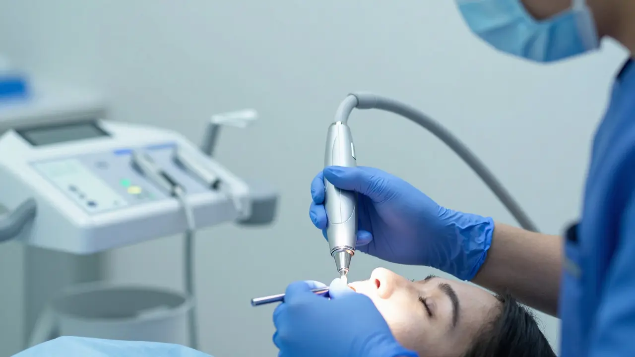 Profesionální odstranění zubního kamene v moderní dentální klinice.