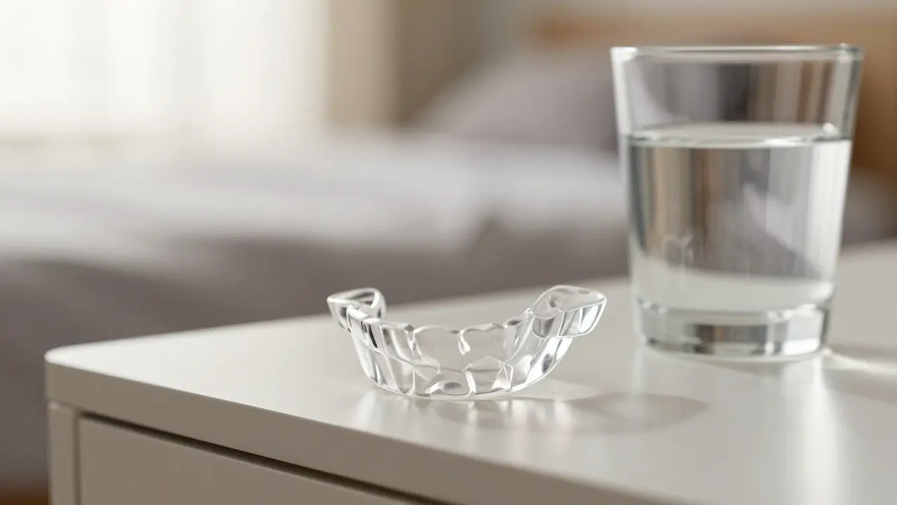 Průhledná noční dlaba pro ochranu zubů na nočním stolku.