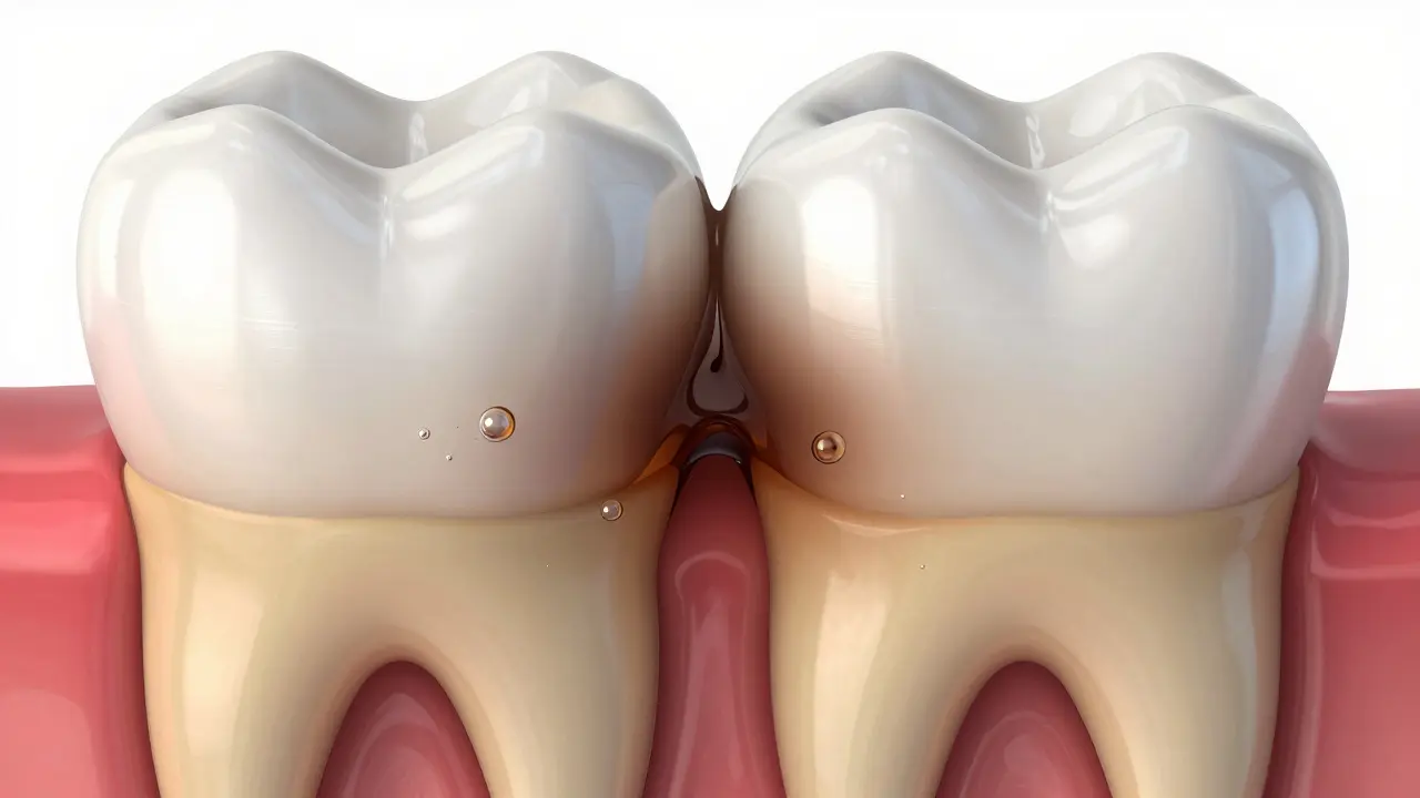 Průřez dvěma zuby znázornující šíření kazu z mezery do vnitřní vrstvy dentinu.