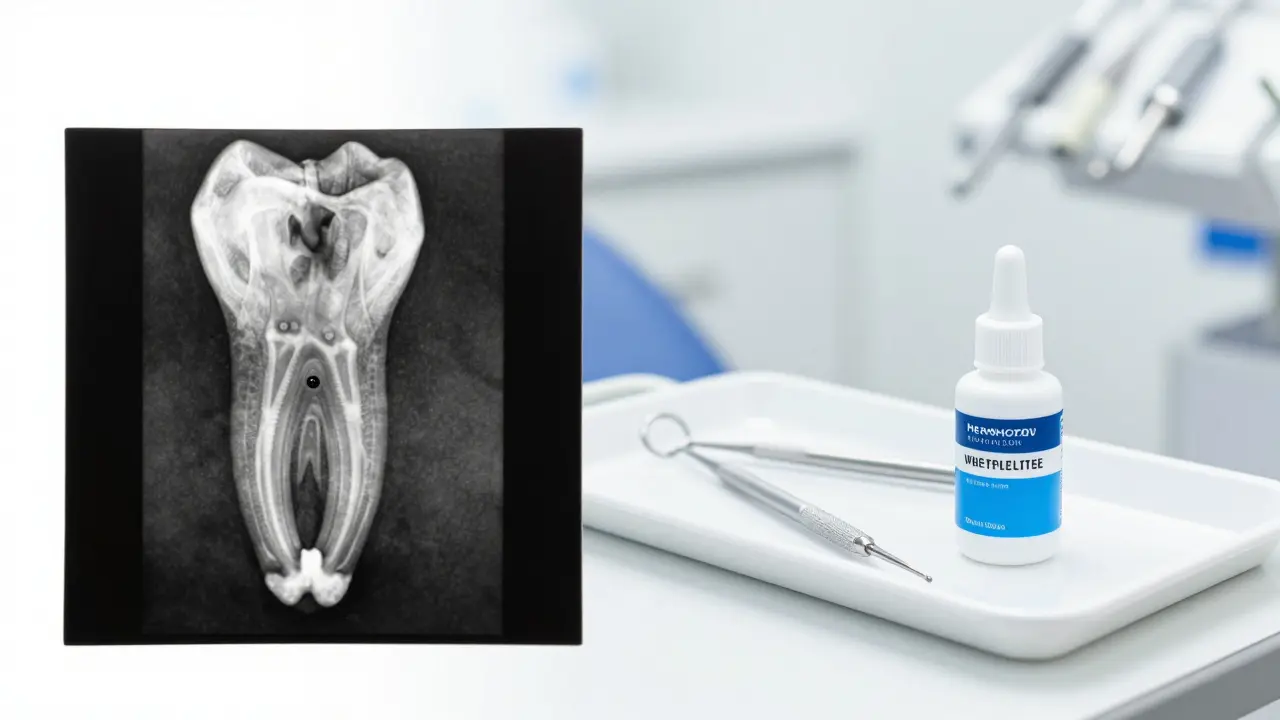 Rentgen kořene zubu vedle profesionálního bělicího gelu v dentistické praxi.