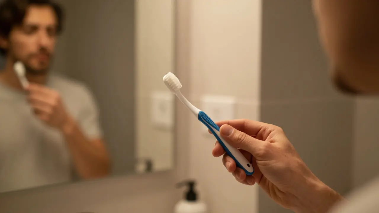 Ruka drží L-tvarový mezizubní kartáček během večerní hygieny v koupelně.