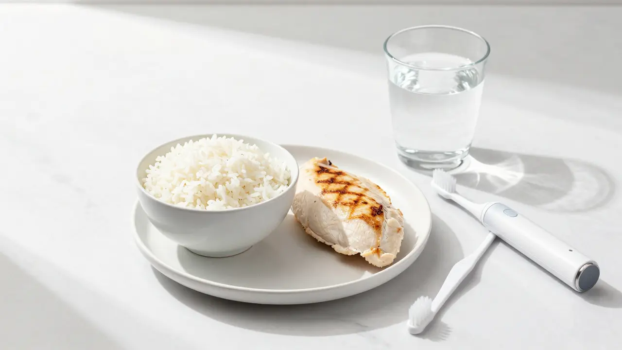 Sada bílých potravin a elektrický kartáček na mramorové ploše.