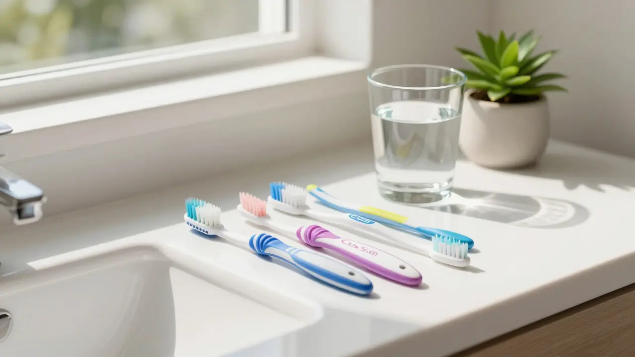 Sada kartáčků Curaprox a mezizubních pomůcek v moderní koupelně.