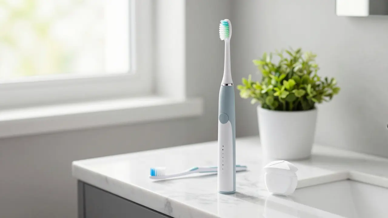 Sada nástrojů pro domácí zubní hygienu na mramorovém povrchu.