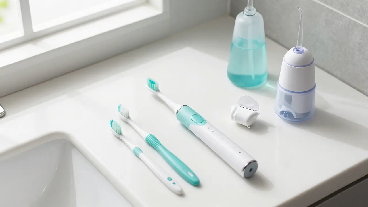 Sada pomůcek pro mezizubní čištění včetně elektrického kartáčku a nitě.