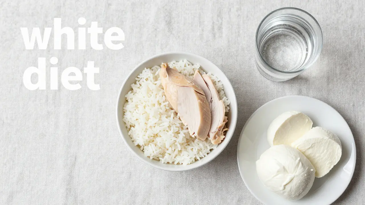 Sada potravin pro bílou dietu: rýže, kuřecí maso a bílý sýr.