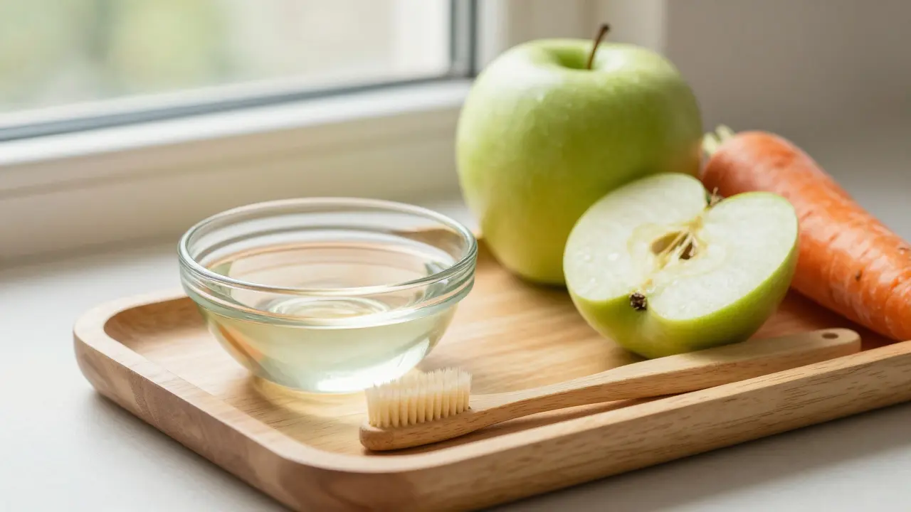 Sada pro přirozenou péči o zuby s kokosovým olejem a zdravou stravou.