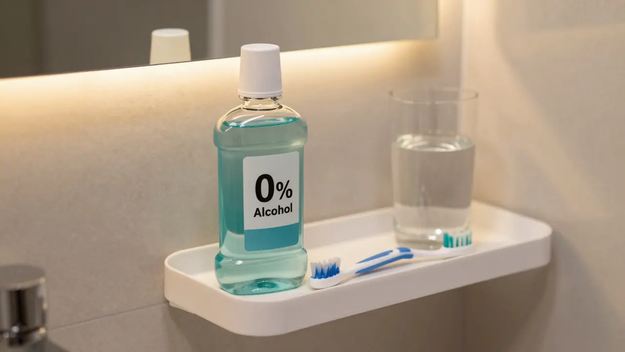 Sada produktů pro ústní hygienu včetně ústní vody bez alkoholu na koupelkové polici.