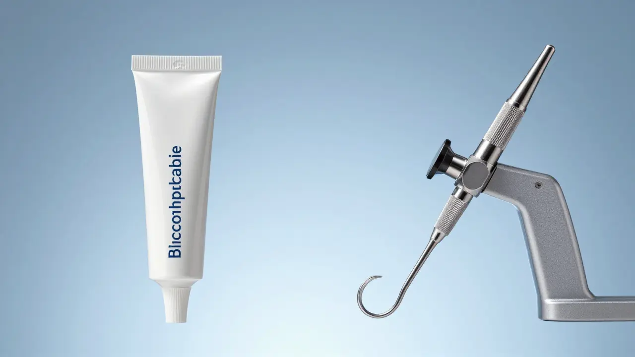 Srovnání lékařského adhezivního krému a profesionálního zubního nástroje.