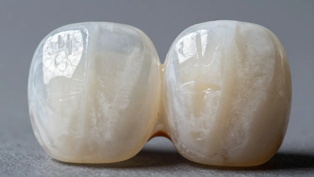 Srovnání povrchu porcelánové a kompozitní fazety.