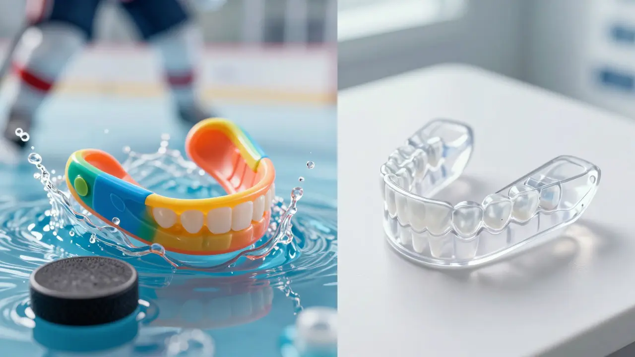 Srovnání sportovního chrániče na zuby a transparentní terapeutické dlahy.