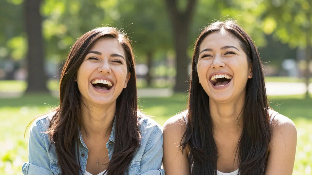 Šťastný pár se svobodně a sebevědomě směje v parku.