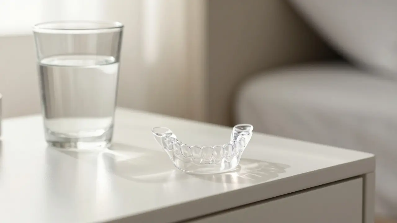 Transparentní ochranná noční skulina na nočním stolku v ranním světle.