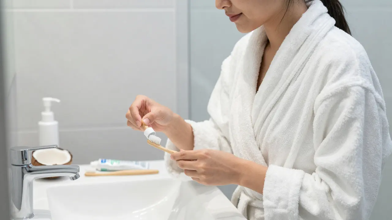 Žena v bílém županu během ranní rutiny v bright moderní koupelně.