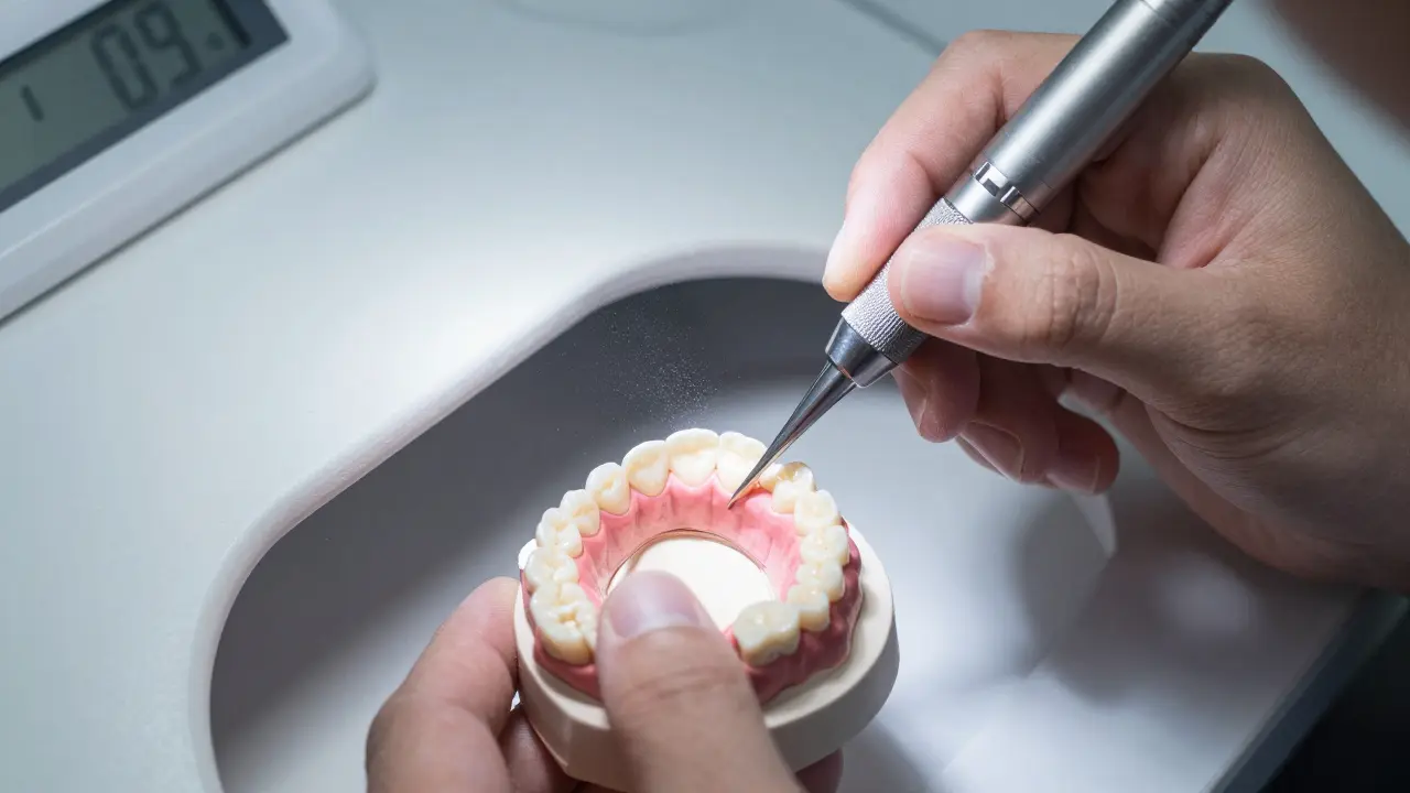 Zubní technik profesionálně leštící opravenou zubní protézu v laboratoři.