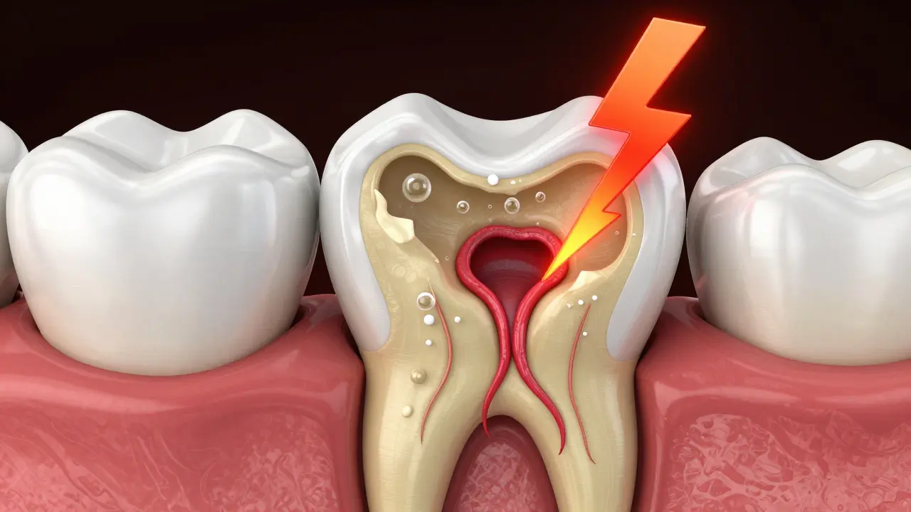 3D ilustrace zubního kazu odhalující citlivý dentin a nerv v důsledku eroze emailu