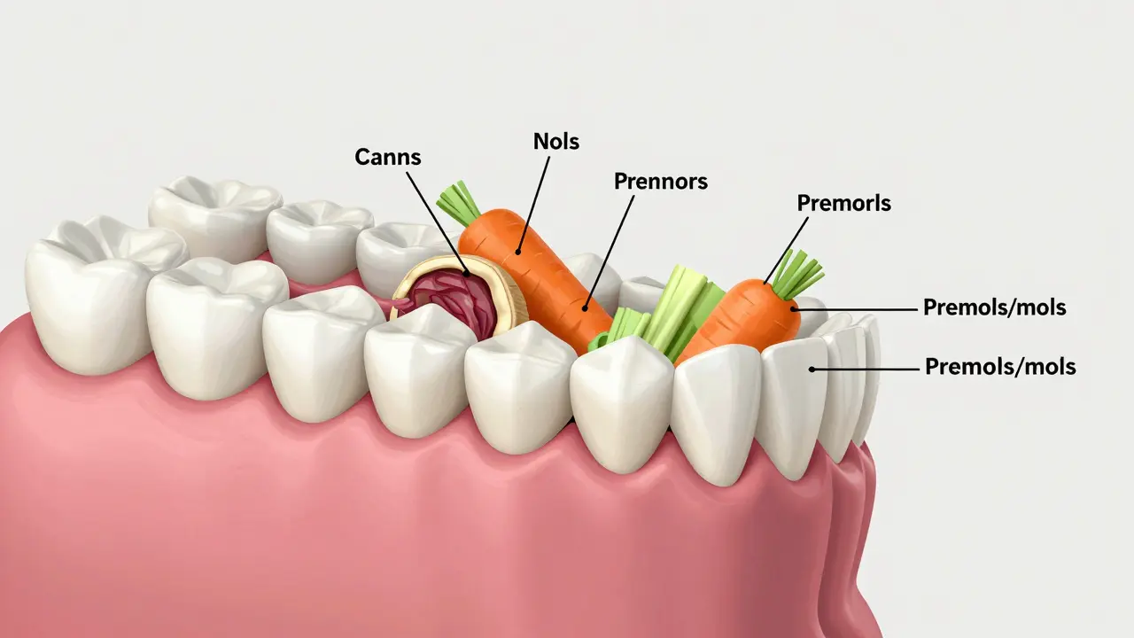 Anatomické znázornění funkcí různých zubů při žvýkání