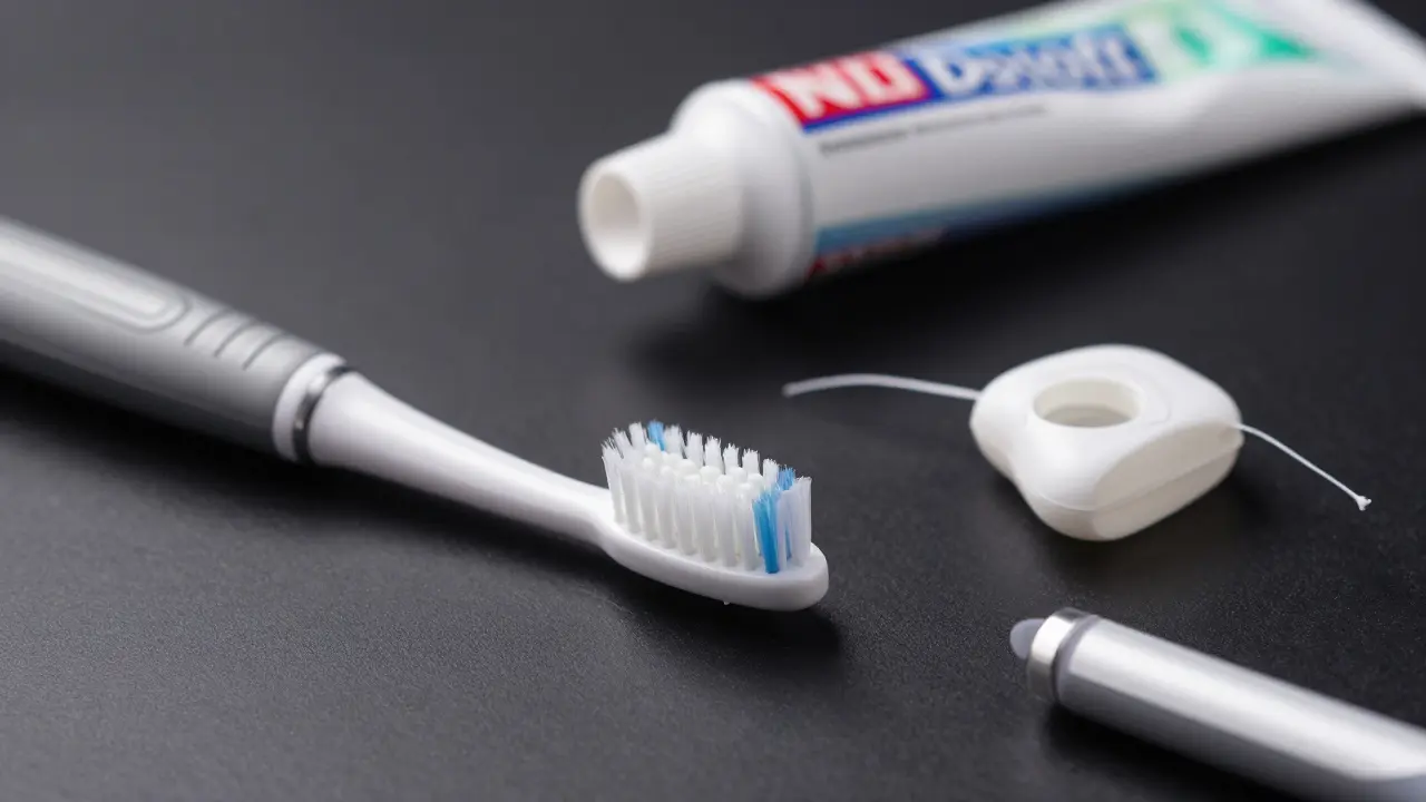 Elektrický kartáček a zubní nit na černém pozadí pro ústní hygienu