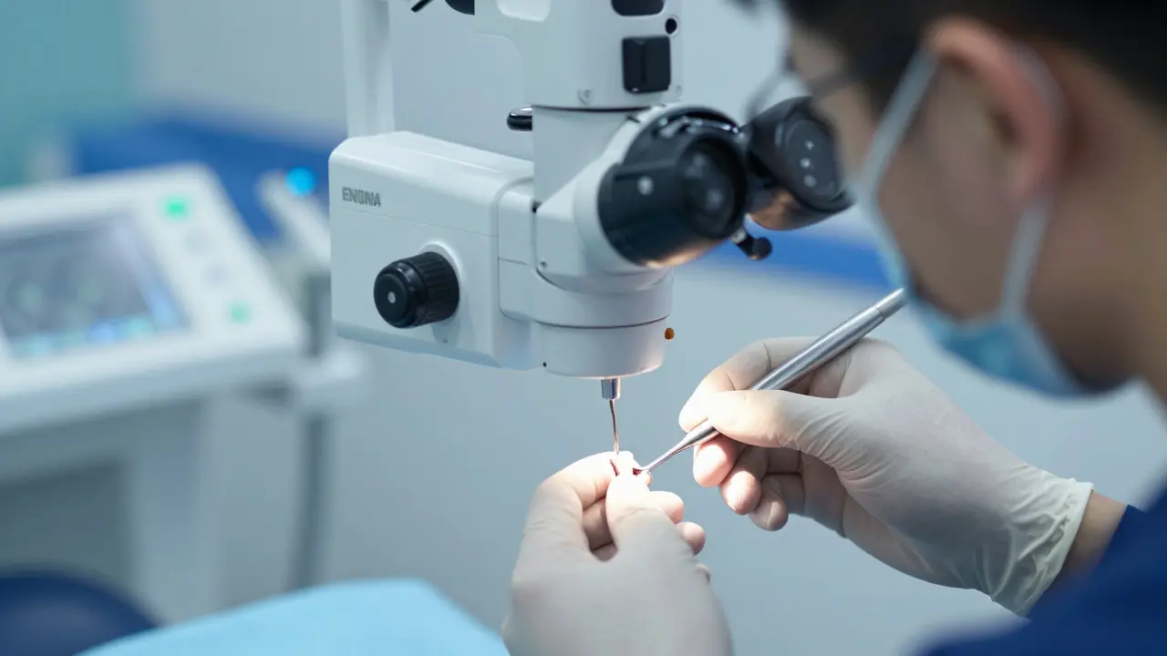 Endodontolog pracuje pod mikroskopem při ošetření kořenového kanálku