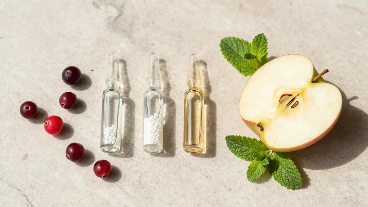 Homeopatické granulky vedle brusinek a jablek na kamenném povrchu