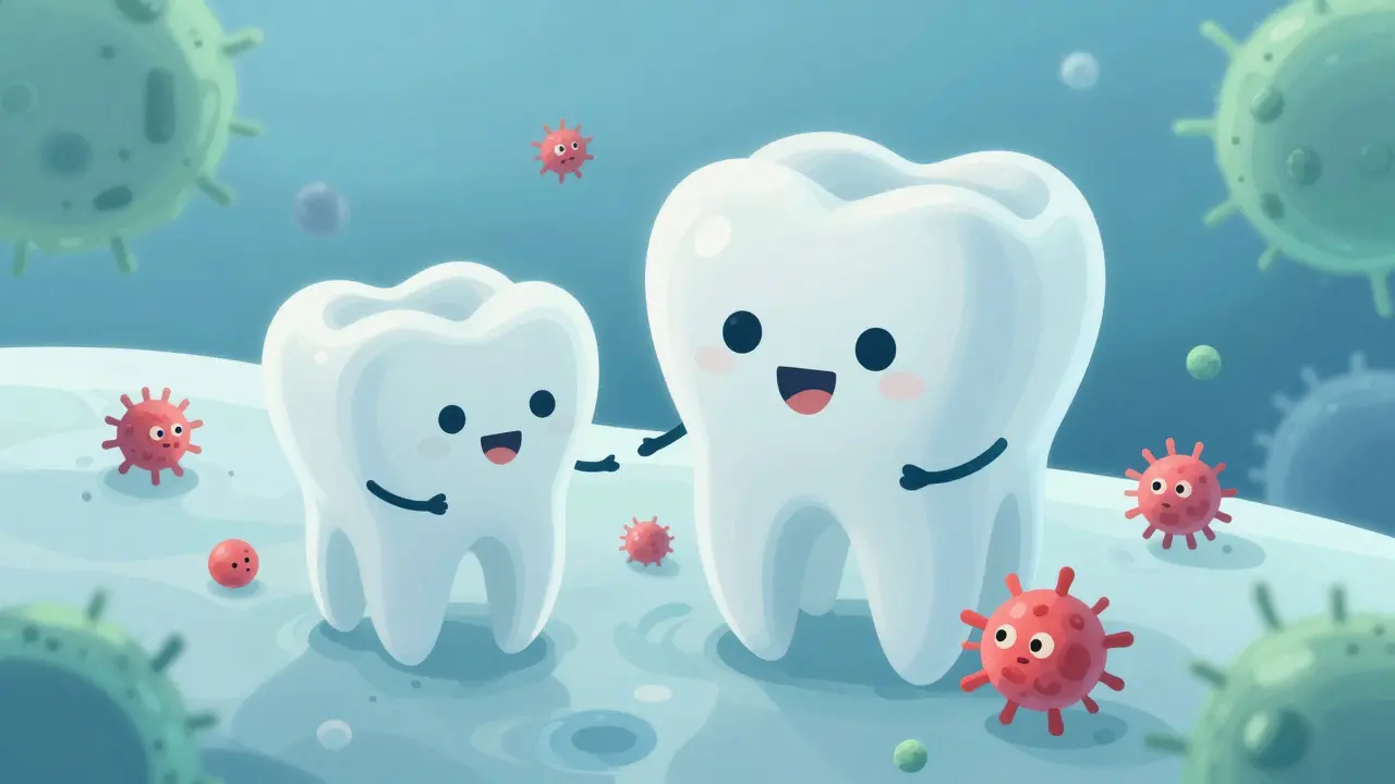 Ilustrace ochrany zubní skloviny fluoridem proti bakteriím