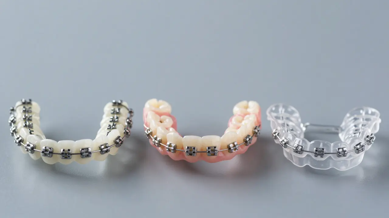 Srovnání kovových, keramických a průhledných náplastí pro rovnátka