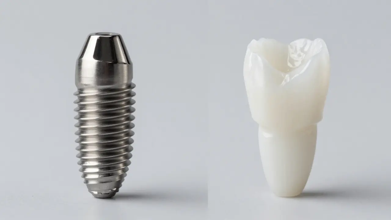 Srovnání materiálu: stříbrný titanový implantát vedle bílého keramického zirkonového implantátu.