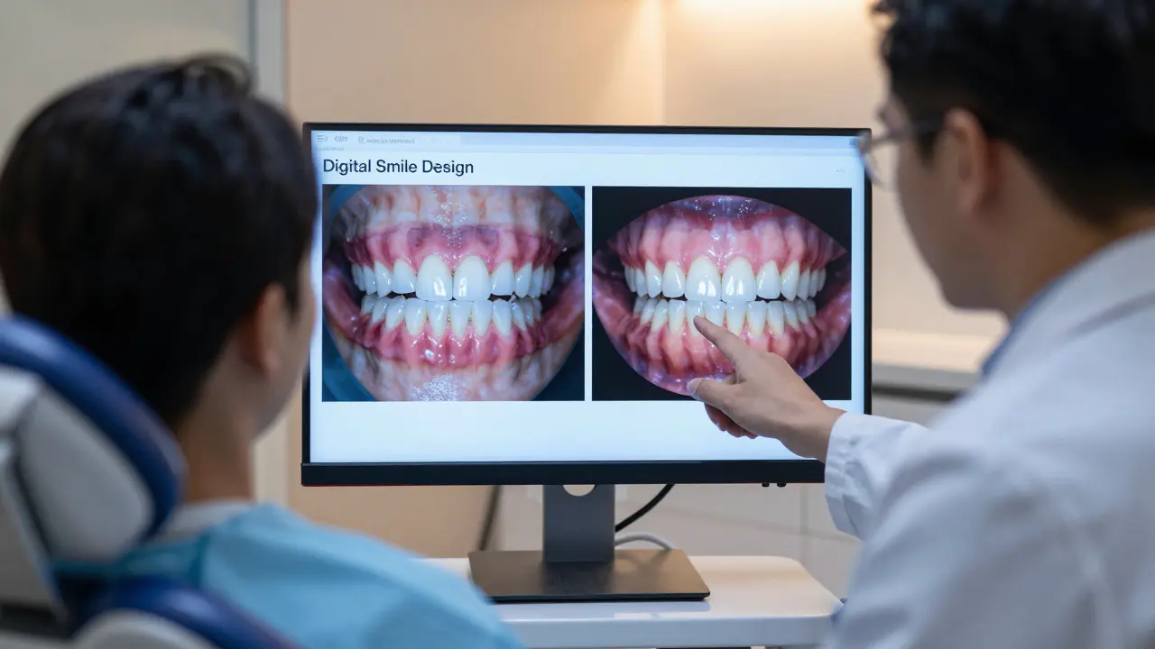 Zubař ukazuje pacientovi digitální simulaci úsměvu na monitoru