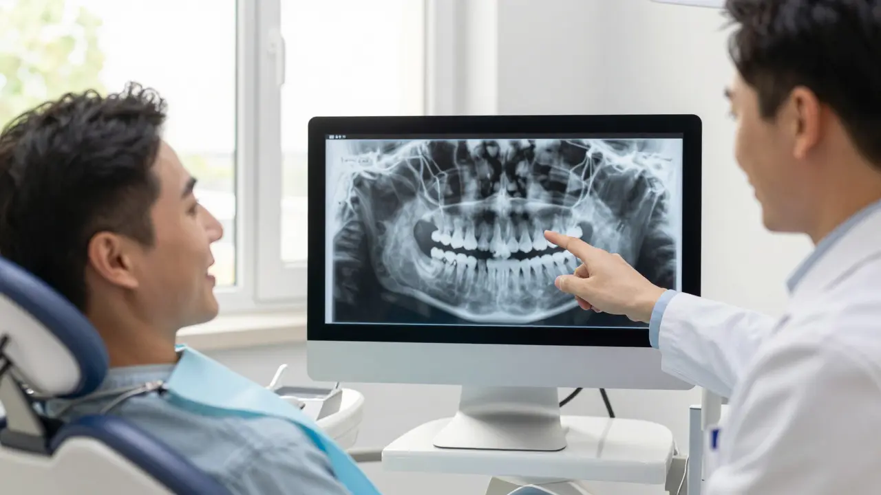 Konzultace s lékařem u 3D snímku čelisti