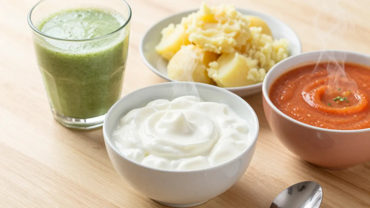 Miska jogurtu a smoothie jako příklad stravy po zákroku