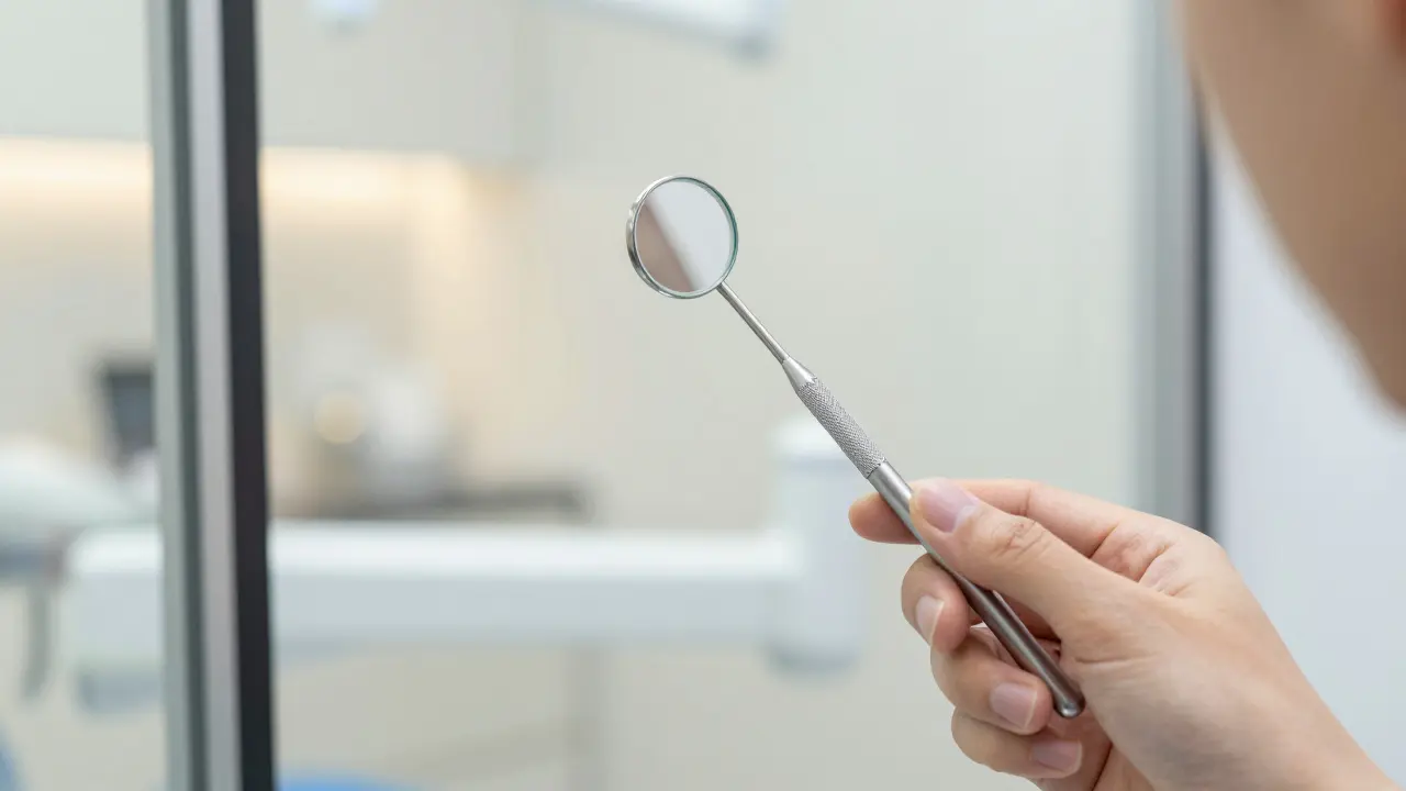Ruka kontroluje optickou kvalitu dentálního zrcátka v ordinaci