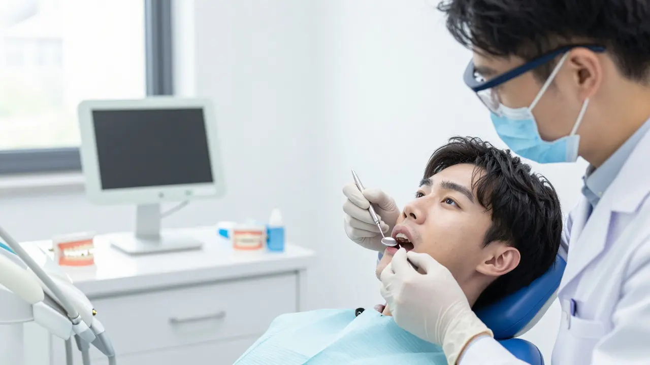Zubní lékař vyšetřuje pacienta v moderní klinice