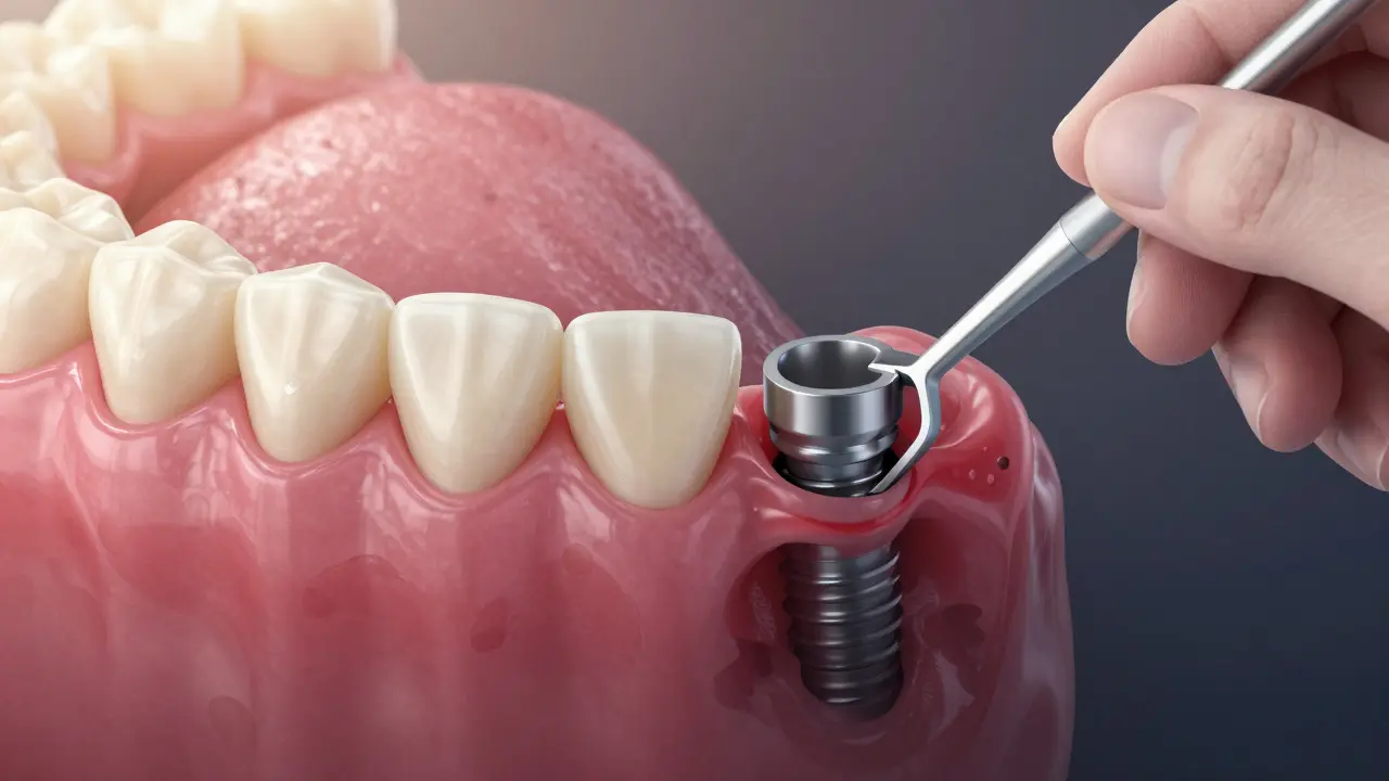 Porovnání zdravého implantátu s známkami zánětu dásní (peri-implantit) při kontrole u stomatologa.