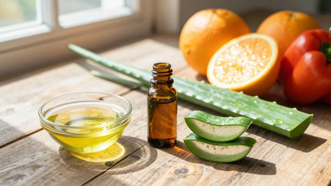 Přírodní prostředky jako aloe vera, olivový olej a ovoce bohaté na vitamin C