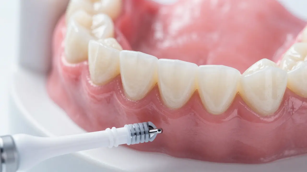 Speciální kartáčky a vodní jet pro čištění kolem zubního implantátu na pozadí zdravých dásní.
