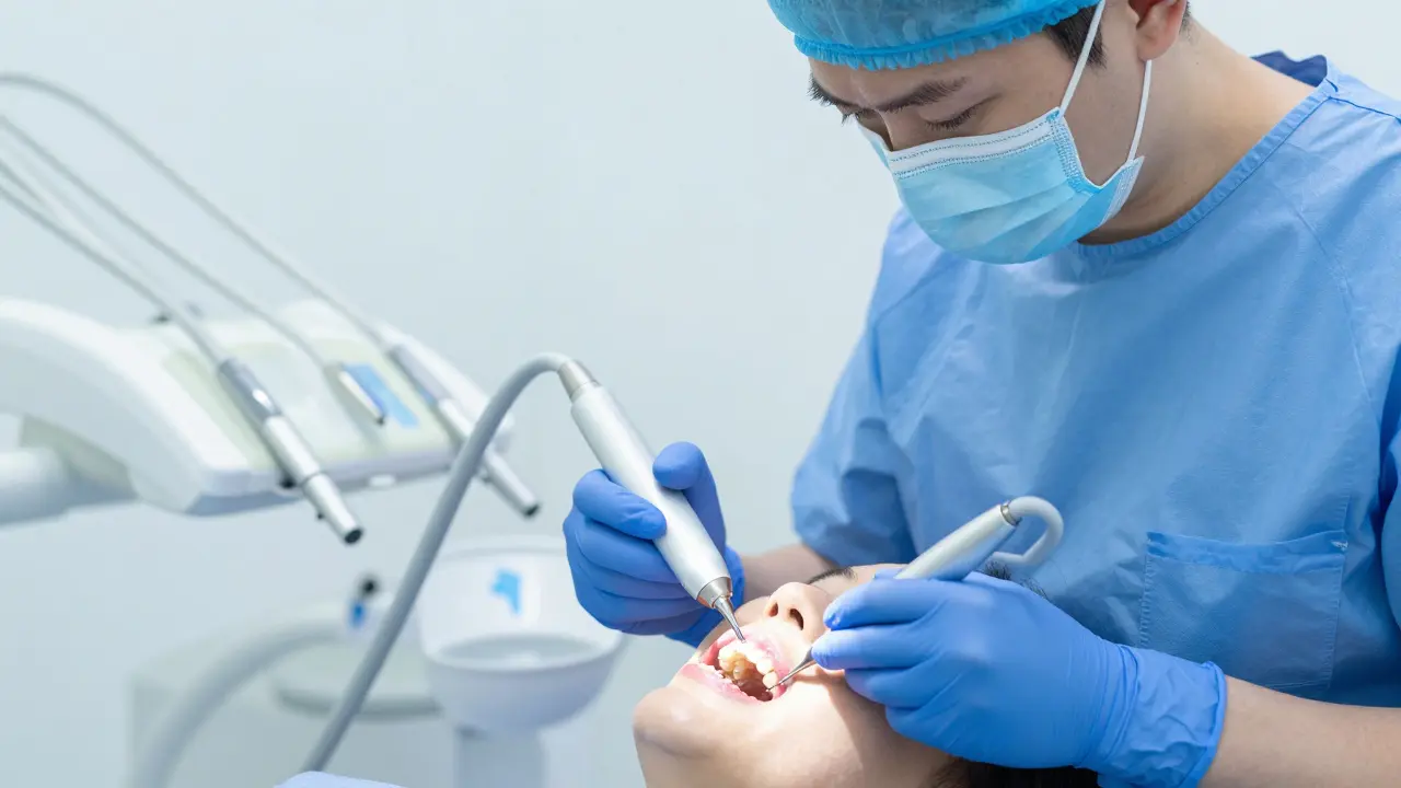 Stomatologický hygienista provádí čištění zubního kamene