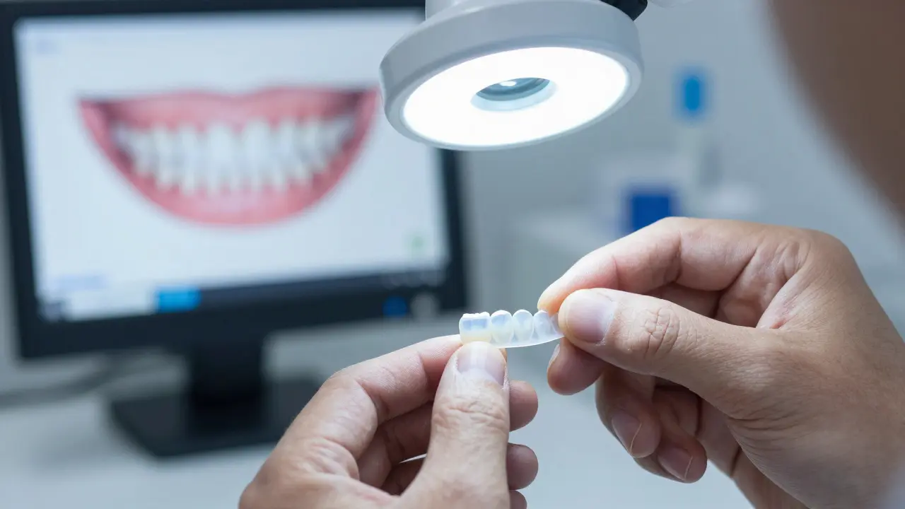 Detailní záběr na výrobu keramické fazety v zubotechnické laboratoři
