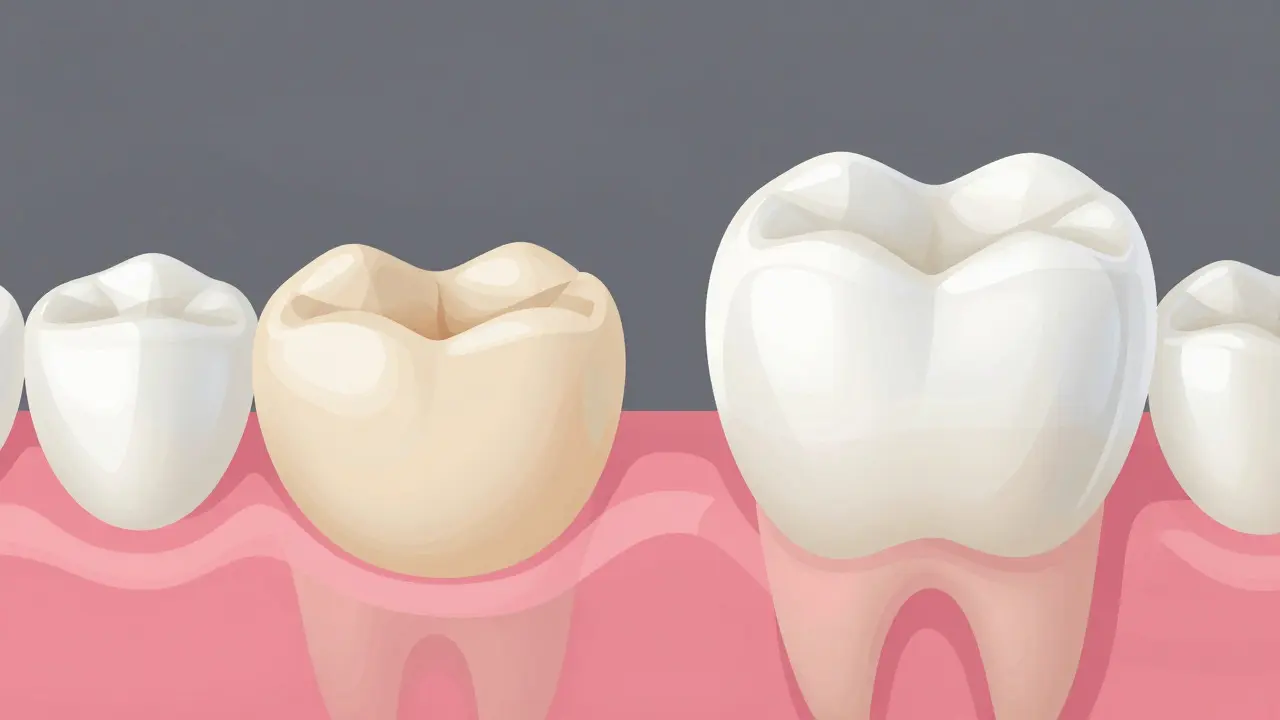 Illustration comparing a composite filling with a durable ceramic onlay on teeth
