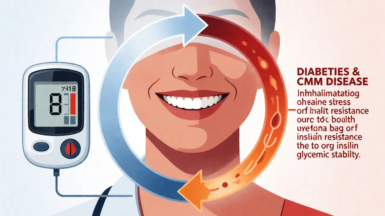 Konceptuální ilustrace cyklu mezi diabetem a onemocněním dásní
